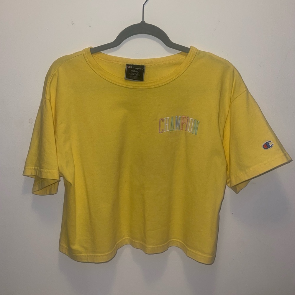 Champion Yellow Cropped Top with Pastel Stitched Logo on the Front - Size Medium